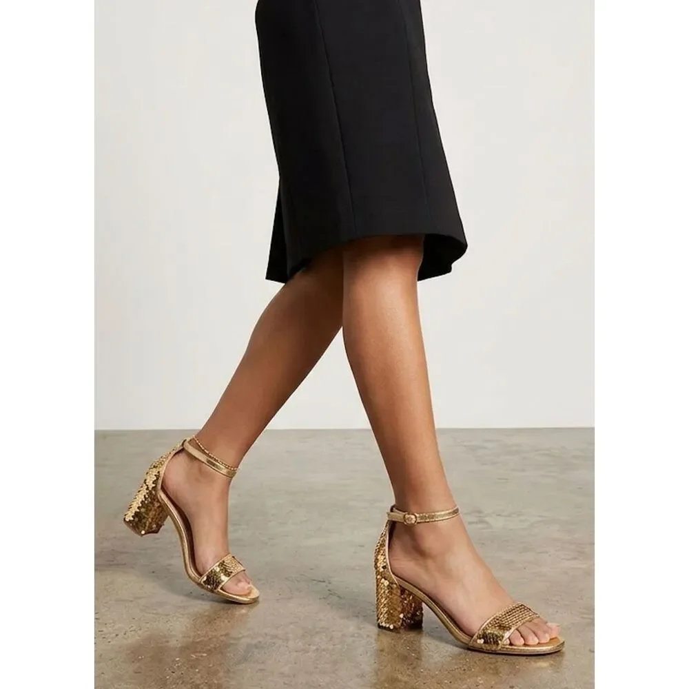 Steve Madden Block Heel Sandals 7 Y2K Sparkly Event Dressy Wedding Gold Carrson